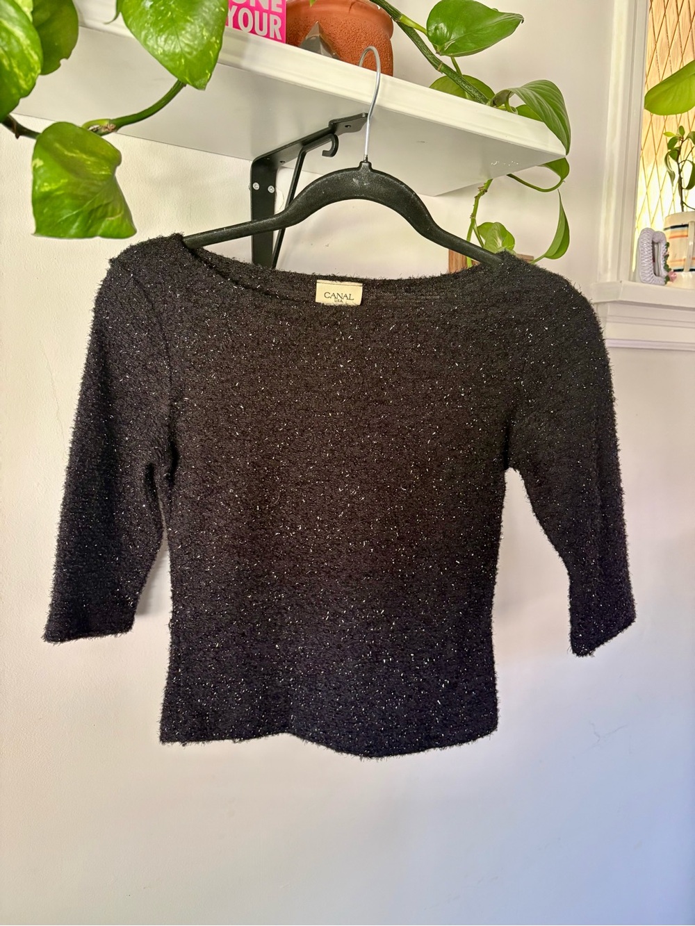 Canali Black Sparkle Boatneck Top with Three-Quarter Sleeves